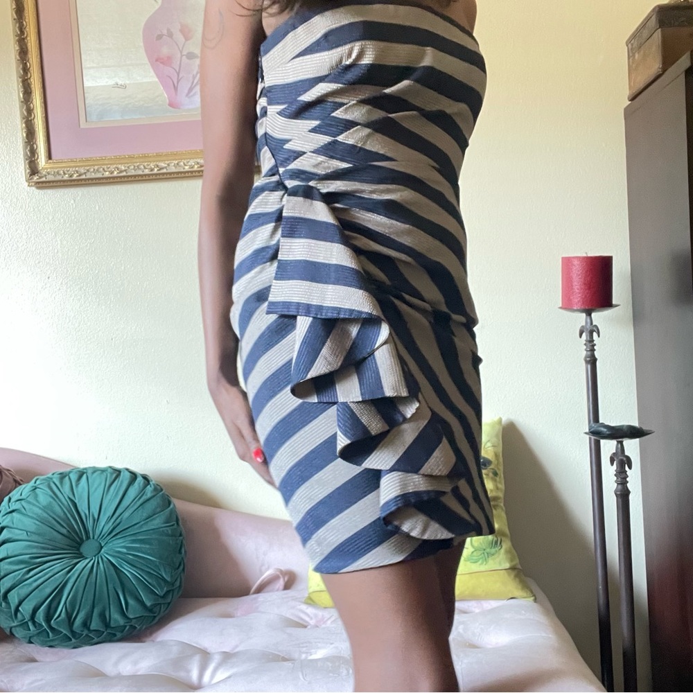 Blue + Beige Striped + Ruffled Bodycon Mini - Picture 5 of 8